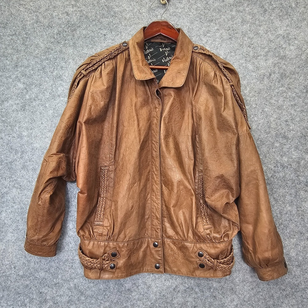 Vintage 80s Oversized Leather Jacket S Cognac Braided Bomber VALERIE 34 FLAW